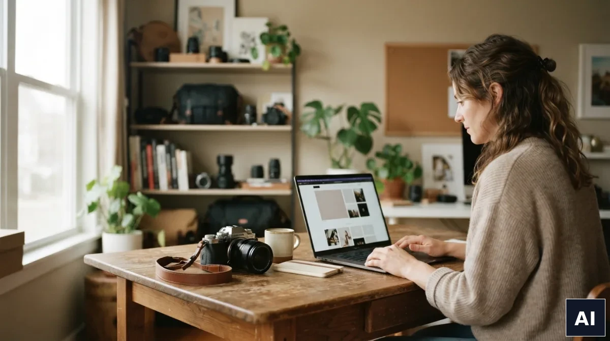 Fotograf ślubny przegląda swoją stronę jednostronicową na laptopie